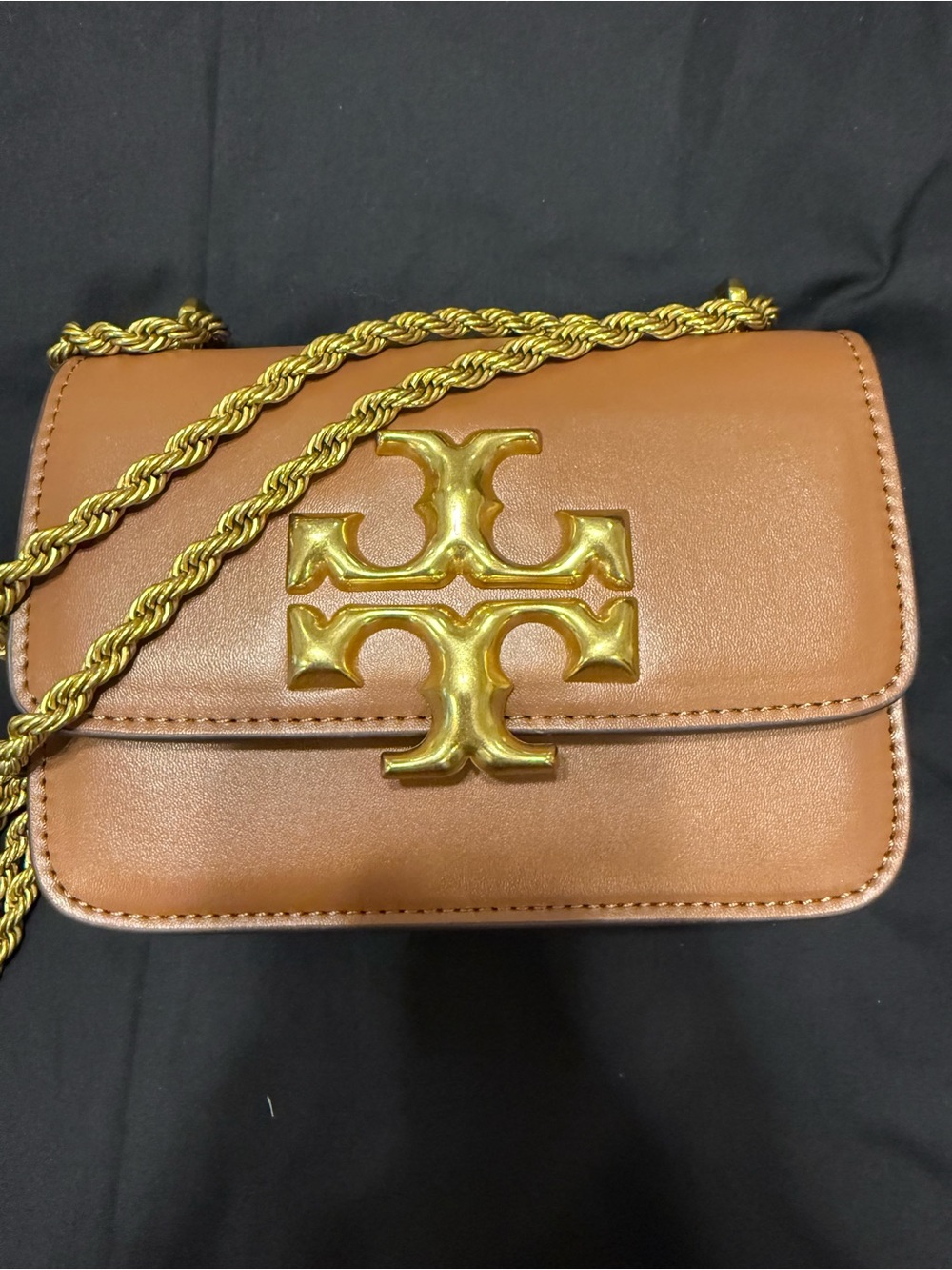 Like New Tory Burch Tan Leather Crossbody with Gold Logo Chain